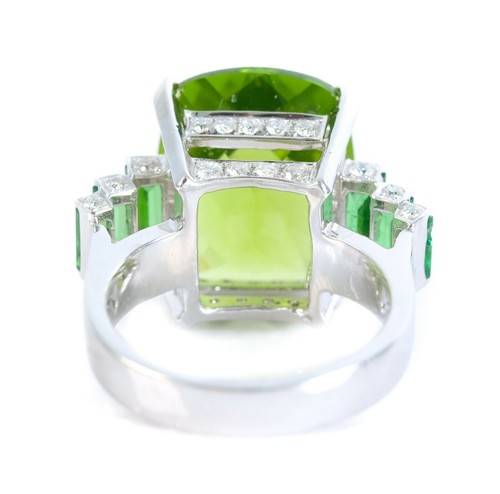 Cudhion Cut Light Green 12.68CT Peridot, Green Emerald & White CZ Fashion Ring - Picture 2 of 7