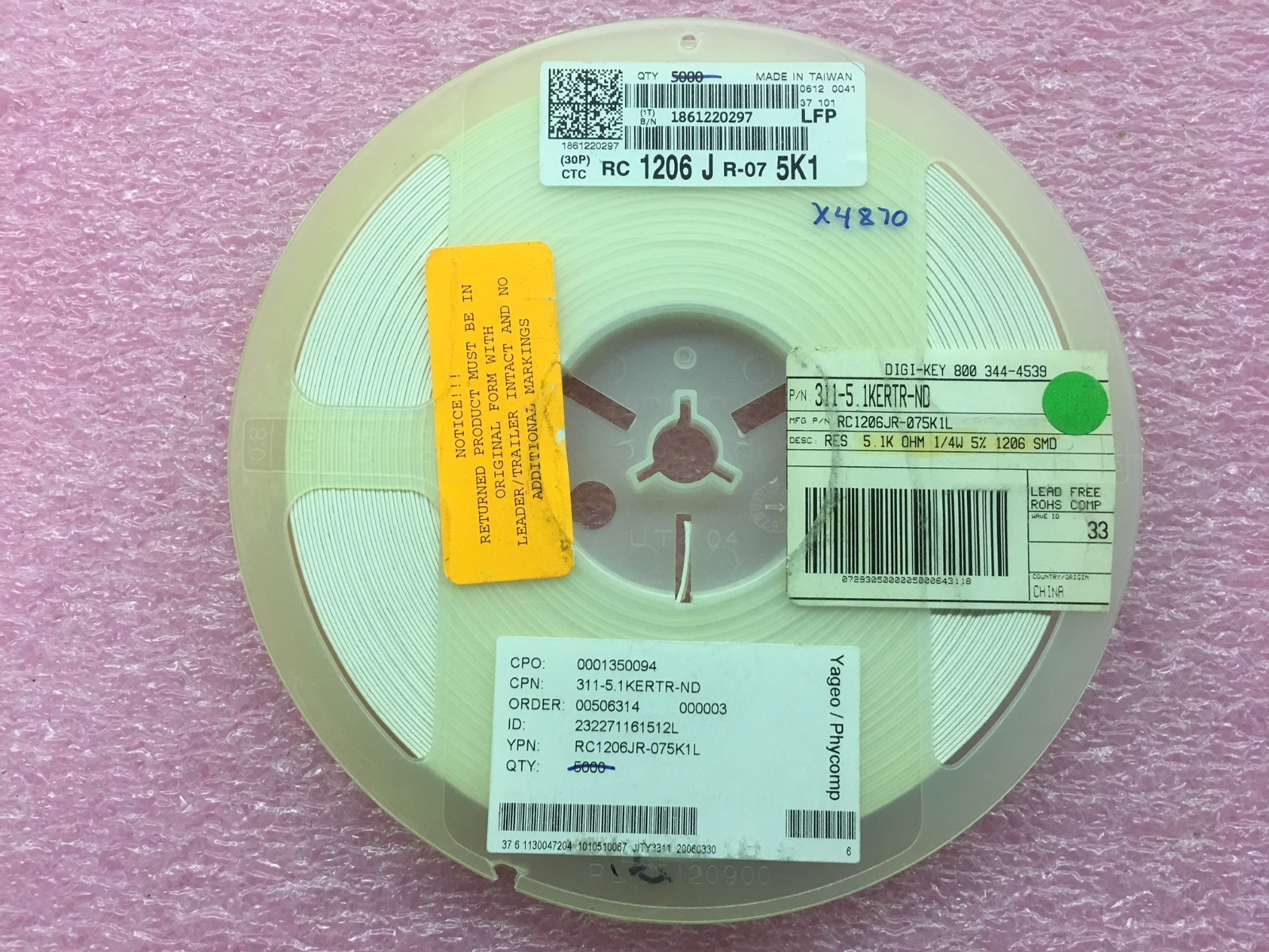 (4,870 PIECE REEL) RC1206JR075K1L, YAGEO, RES SMD 5.1K OHM 5 1/4W