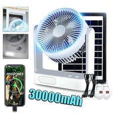 Rechargeable Fan With solar panel, 3 Speeds, LED light and 2 Free bulbs US