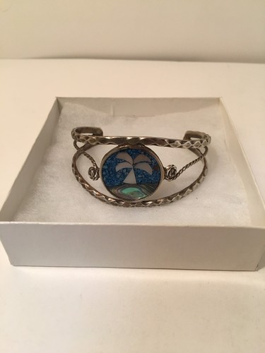 Abalone Palm Tree On Island Cuff Bracelet From Taxco Mexico Auction Finds 702 - Picture 2 of 7