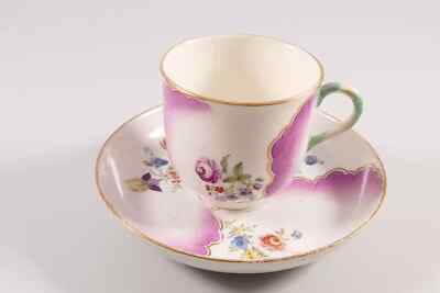 Meissen Cup & Saucer Flowers Purple around 1765 Point Time 1st Wahl FAULTY