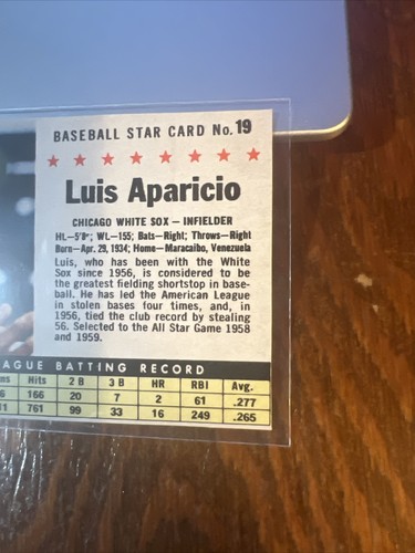 Luis Aparicio 1961 POST CEREAL HAND-CUT CARD #19 HOF WHITE SOX ORIGINAL EX - Picture 2 of 6