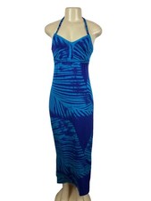 Womens Halter Maxi Dress Blue Tropical Print Sleeveless Sz XXS
