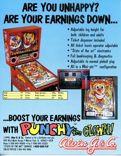 Punchy the Clown Alvin G. & Co. Pinball Flyer / Brochure / Ad Mint - Imagen 2 de 2