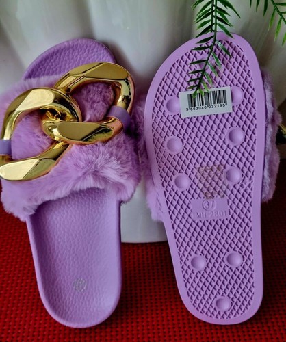 Fluffy Women Girls Soft Sole Comfy Casual Purple Slides Slippers W/Gold Chain - Picture 8 of 10