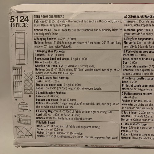 SIMPLICITY Pattern 5124 Simply Teen Room Organizers Uncut New Old Stock - Picture 3 of 4