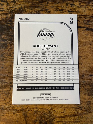 2019-20 NBA Hoops Kobe Bryant Tribute Insert #282 Los Angeles Lakers - Picture 2 of 2