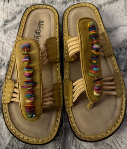 ALEGRIA PISA Sandals Leather Wedge Heels Shoes Size 7 / 37 Yellow Beaded Thongs