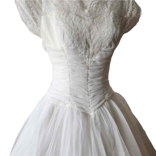 1950s Vintage Tea Length Wedding Dress Lace Cap Sleeve Rushed Bodice Chiffon - Picture 2 of 6