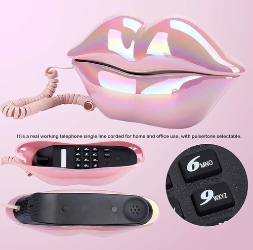 Schnurgebundenes Festnetztelefon metallisch rosa Lippen - funktionierendes Telefon lustig Retro Neuheit - Bild 2 von 10