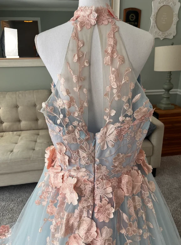 Elegant Princess Pink Blue Wedding Dresses A Strap 3D Flower Train Bridal  Gowns- | eBay