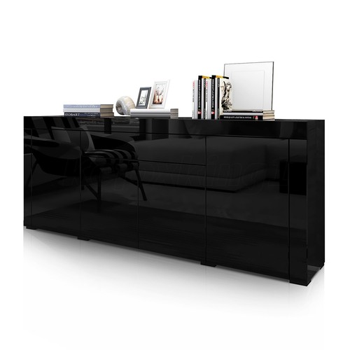 Modern 200cm Buffet Sideboard Cabinet Storage Gloss Wooden 4 Doors Drawer Black - Picture 3 of 8