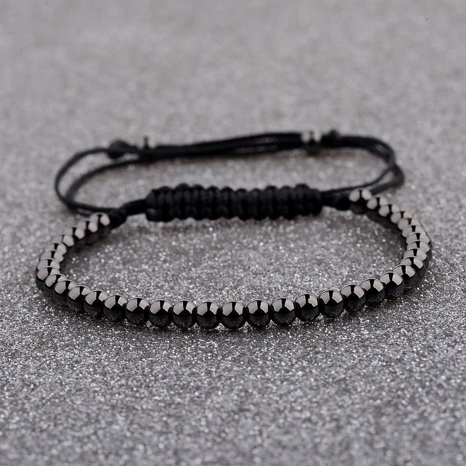 Hombres Negro Micro Pavé 4MM Bolas Cuentas Trenzado Ajustable Dije Pulsera Hecha a Mano Foto 2 de 4