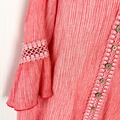 Ali Miles Crinkle Woven V-Neck Faux Button 3/4 Flounce Sleeve Blouse Size XL - Picture 8 of 10