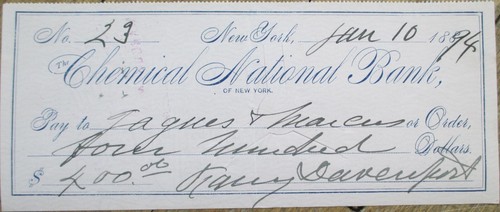 Fanny Davenport Signed Check 1894 to Jaques and Marcus NY Jewelers Autograph - Picture 1 of 2