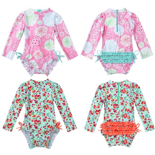 Infant Baby Girls One-piece Long Sleeves Floral Printed Swimwear Suit Rash Guard - Picture 2 of 84