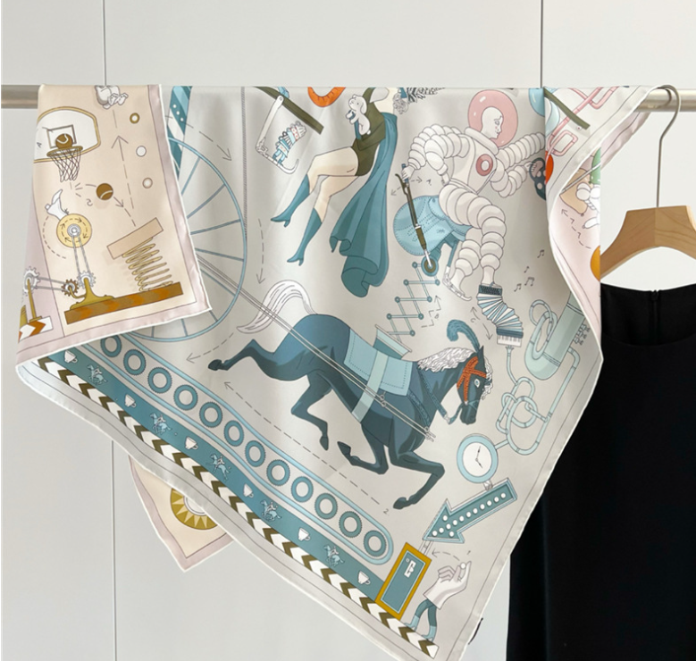 Pure 18 Momme Twill Silk Wrap Scarf Bandanna horse Print Square Shawl 35'’new