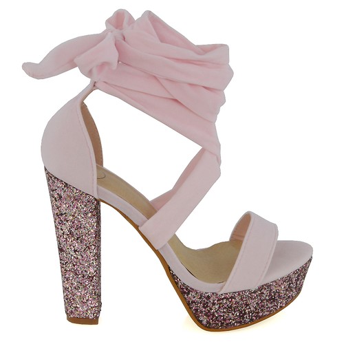 Para mujer con cordones al tobillo bloque brillo tacón alto señora plataforma zapatos de fiesta - Imagen 21 de 25