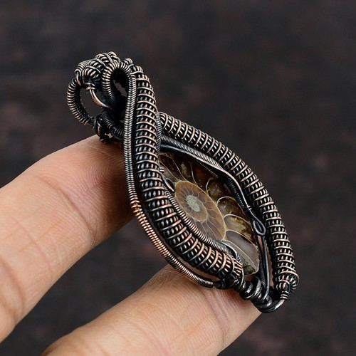 Ammonite Fossil Jewelry Copper Gift For Bridesmaid Wire Wrapped Pendant 2.36" - Picture 3 of 6