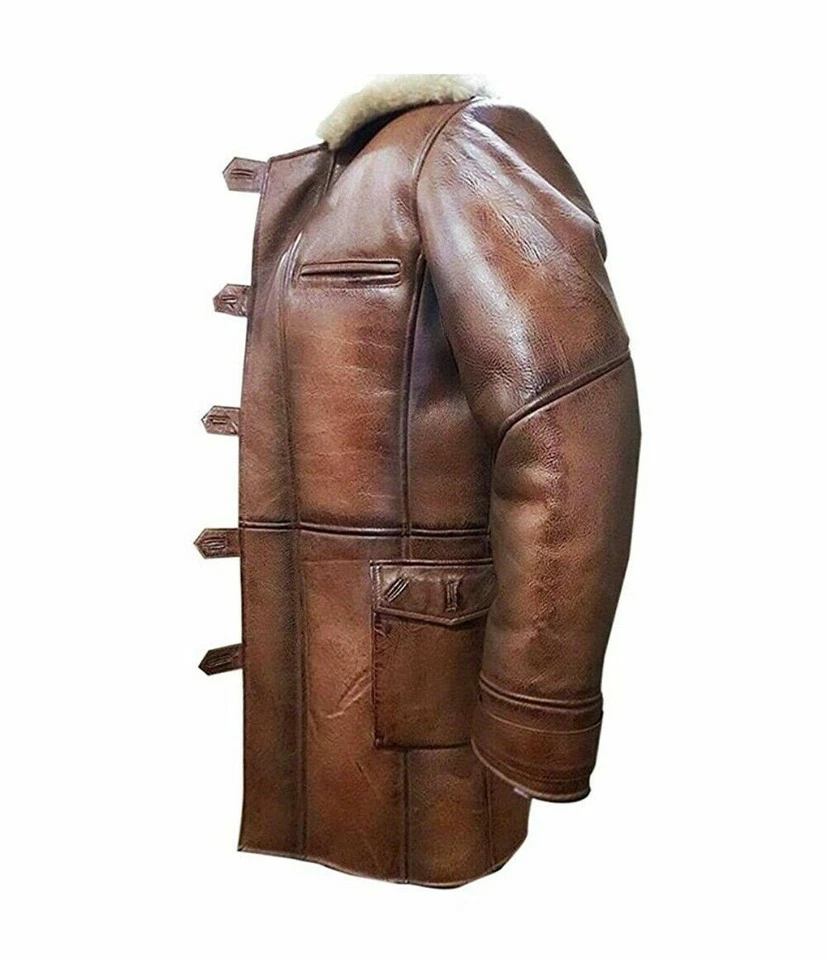 The Dark Knight Rises Tom Hardy Bane Shearling Distressed Leather Coat Jacket - Image 2 of 4