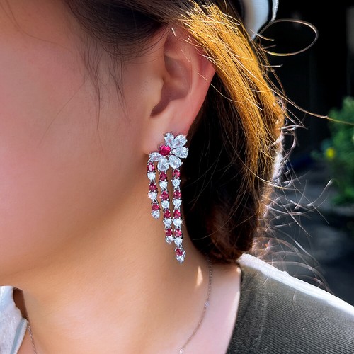 Elegante aretes colgantes con borla redonda flor roja circonita cúbica enchapados en plata para mujer - Imagen 3 de 8
