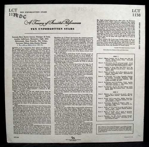 TEN UNFORGOTTEN STARS-Opera Greats-CARUSO-McCORMACK-RCA VICTOR #LCT 1138 - Picture 4 of 4