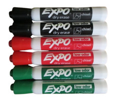 6 - Expo Dry Erase Chisel Tip Low Odor Markers - Red, Green & Black -2 of each!!