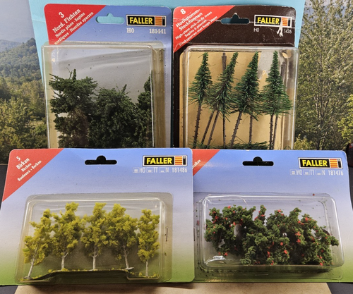 FOUR Faller HO/N Scale Scenery Packages -Total of 16 Trees and Six Bushes