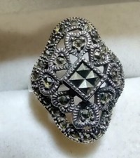 925 STERLING SILVER LARGE MARCASITE FILIGREE RING SIZE 7 1/2 W36