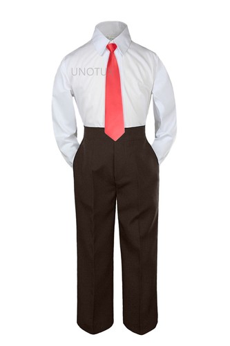 Baby Toddler Kid Boys Wedding Formal 3pc Set White Shirt BROWN PANTS Necktie S-7 - Picture 19 of 26