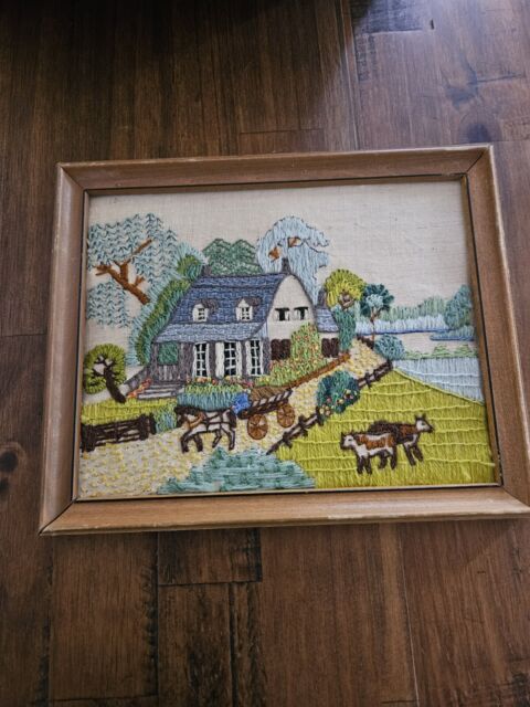 Vintage Crewel Farm Framed Needlepoint Wall Hanging 1970s Cows Trees Wagon Vintage Crewel Farm Framed Needlepoint Wall Hanging 1970s Cows Trees Wagon