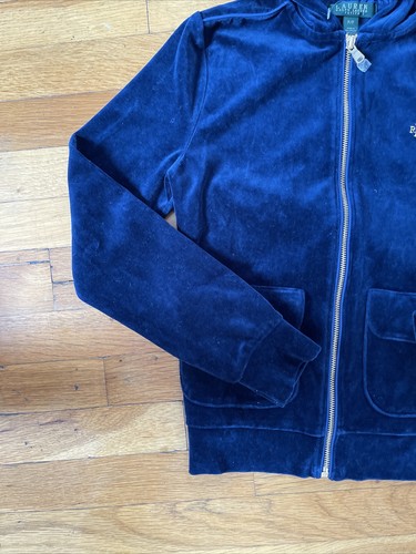 Lauren Ralph Lauren Velour Track Suit Jacket Women Sz PP Blue w/ Gold Full Zip - Picture 12 of 12