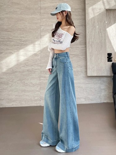  Double-buckle Denim High-waisted Wide-leg Pants. Loose Floor-length Jeans