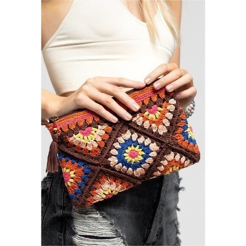 Boho Wristlet Crochet Pouch Zip Top Beaded Handmade Tassel Artisan Retro - Bild 9 von 13