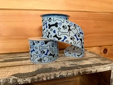 Blue Paw Prints and Dog Bones Wired Ribbon 2.5" x 10 ft Hearts Vet Groomer