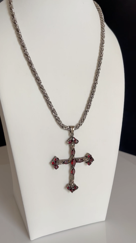 VTG Sterling Silver Garnet Cross With 18" Twisted Rope Sterling Chain Necklace - Video 1 of 1