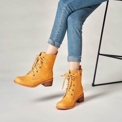 Women's Lace-Up Combat Boots Low Heel Waterproof Casual Fashion 8.5, Yellow - Picture 7 of 7
