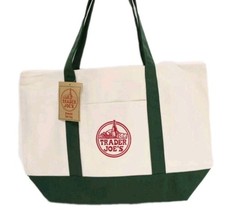 Trader Joe's Large Canvas Tote Reusable Bag 20x14x6 Green/White New With Tags