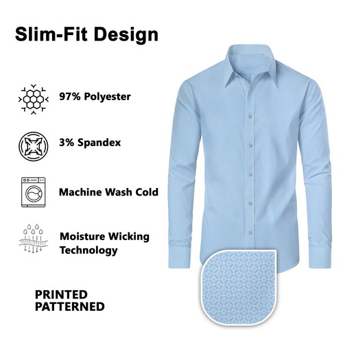 Men’s Slim Fit Long Sleeve Stretch Printed Formal Office Dress Shirts Wedding - Picture 44 of 54