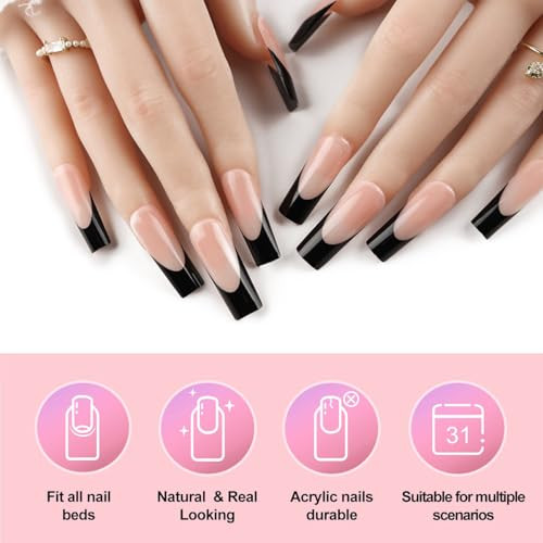 120 Pcs French Tip Press on Nails Long Square Fake Nails Black French Nails - Bild 3 von 7