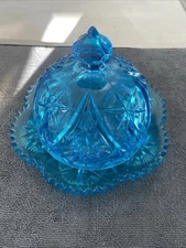 Vintage Kemple Yutec Series  Blue  Glass Star & Fan Covered Lidded Butter Dish