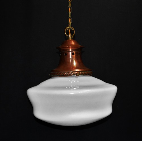 Vintage Art Deco Large Opaline Milk Glass Schoolhouse Pendant Light Fixture 1930 - Picture 2 of 18