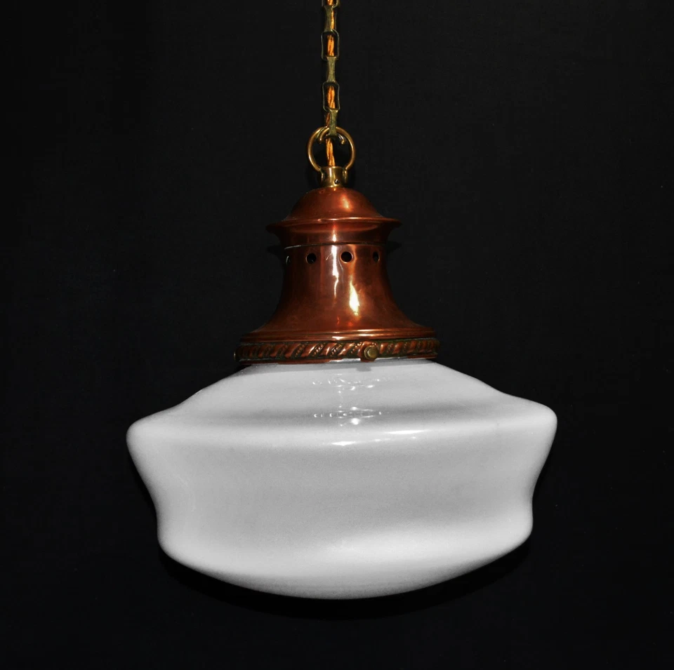 Vintage Art Deco Large Opaline Milk Glass Schoolhouse Pendant Light Fixture 1930 - Image 2 of 4