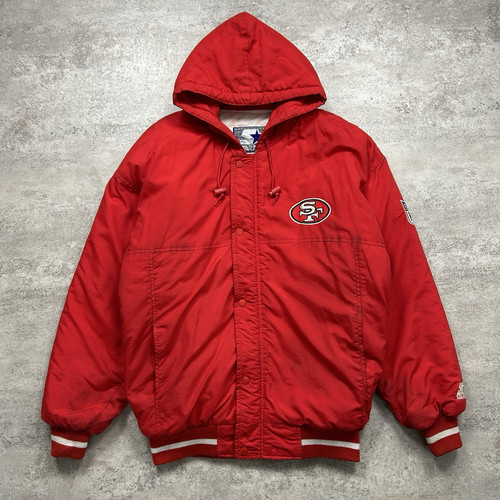VTG 90s NFL SAN FRANCISCO 49ERS STARTER PUFFER JACKET ZIP HOODIE Sz M SPELL OUT - Picture 2 of 9