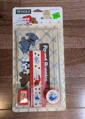 Vintage 1986 Pound Puppies 4 Pc School Kit Pencil Bag Ruler Eraser Sharpener NOS
