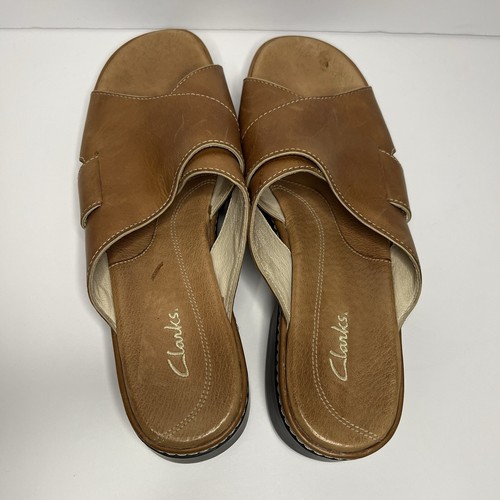 Clarks Brown Leather Crisscross Slip On Slide Comfort Summer Sandals women's 9 - Picture 5 of 13