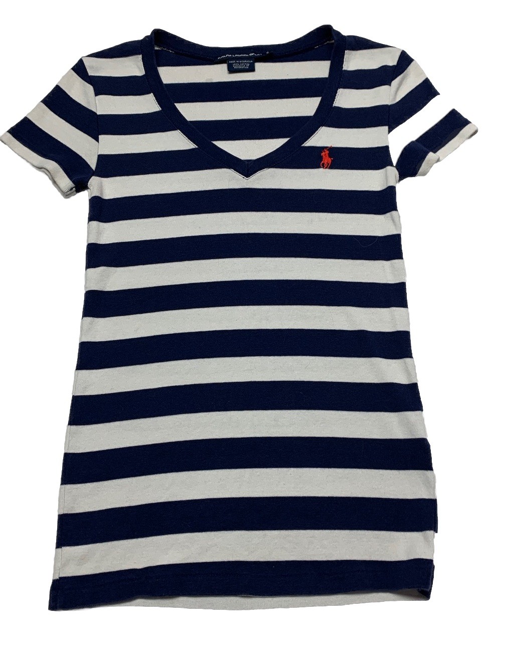 PONY T shirt Ralph Lauren Sport Wmn’s vintage anni 90 taglia S blu navy a righe manica corta scollo a V