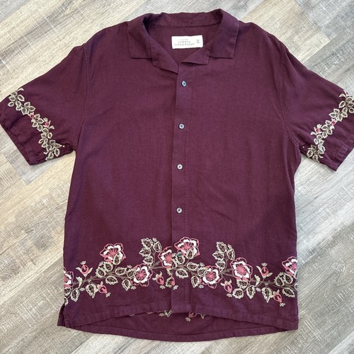Abercrombie & Fitch Summer Linen Embroidered Medium Button Up Shirt Burgundy A&F