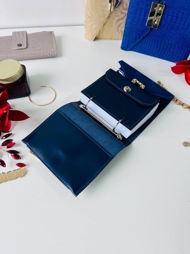 Blue leather notebook cover A7 6 rings mini wallet, Mini Planner Binder. - Picture 3 of 14