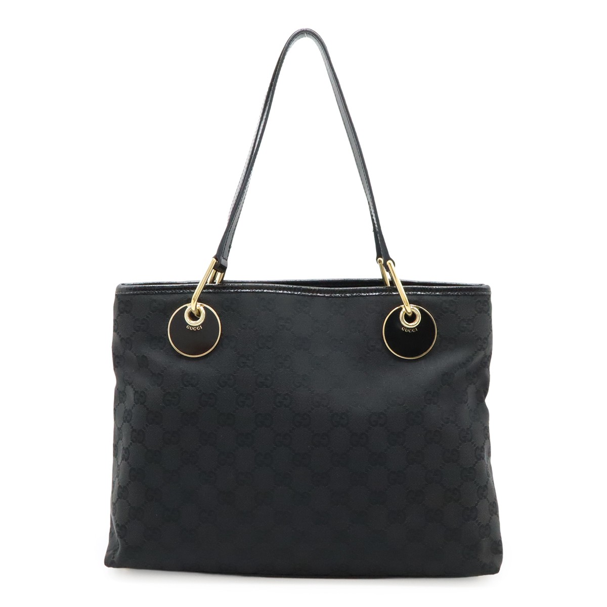 GUCCI GG Canvas Tote with Leather Straps in Black & Gold Hardware